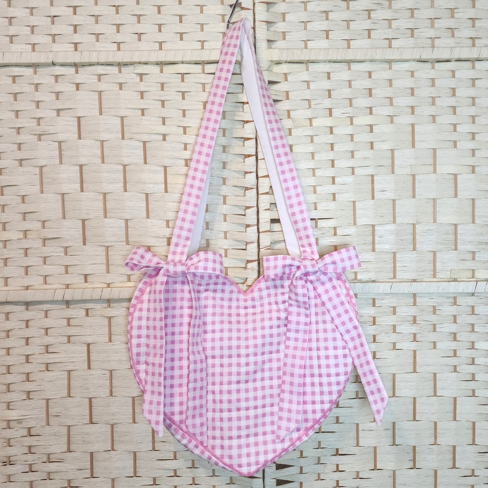 Heart Bag Handmade Quilted Gingham Purse Tote With Bows Fully Lined